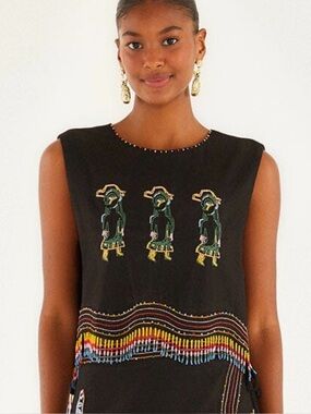 FARM Rio Black Embroidered Cropped Tank with Multicolor Trim